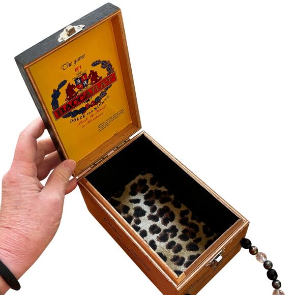 Cigar box purse hand made top handle bag painted beaded lined black tan wood - Picture 8 of 10